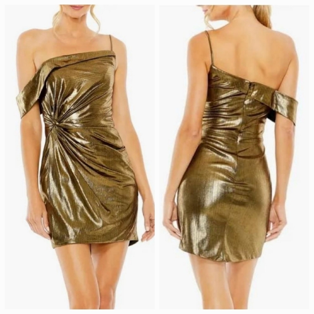 New Mac Duggal Gold Asymmetrical Front Knot Mini Dress